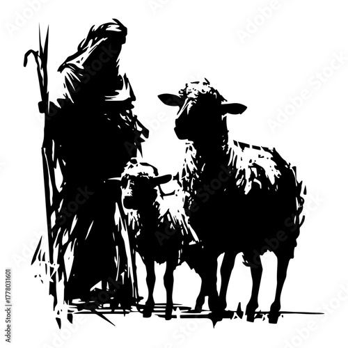 Shepherd With Sheep Flock Biblical Nativity Scene Hand Drawn Ink Vector