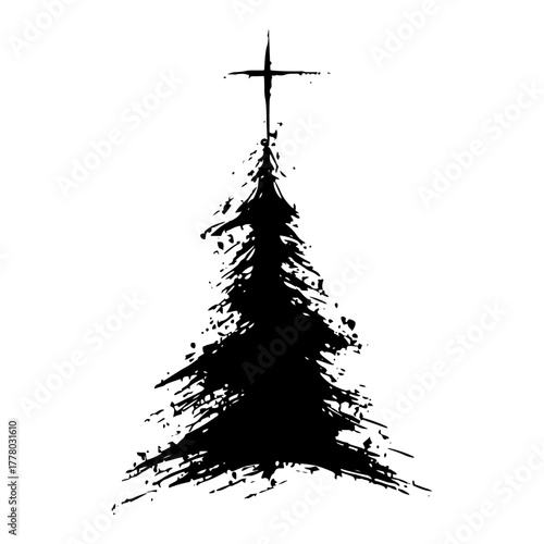 Grunge Christmas Tree with Cross Star Vector Illustration Abstract Holiday Ink Sketch