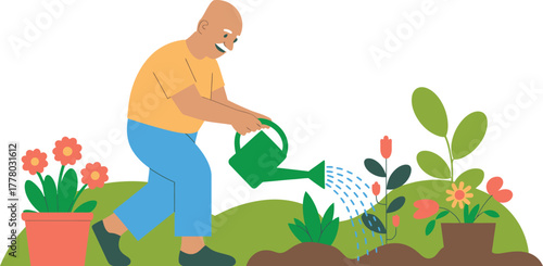 Illustration of senior man gardening watering plants flowers