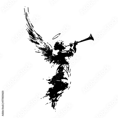 Herald Angel With Trumpet Flying Halo Hand Drawn Christmas Vector