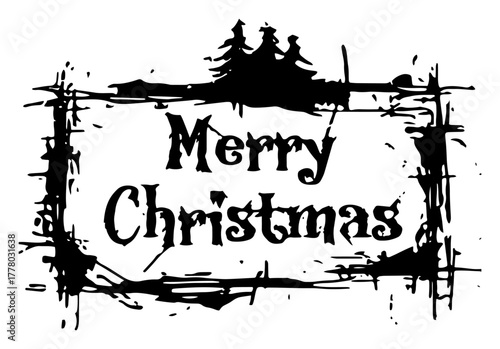 Merry Christmas Lettering In Grunge Frame With Pine Trees Hand Drawn Vector