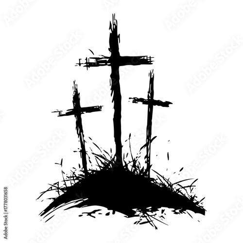 Three Crosses On Calvary Hill Grunge Christian Symbol Vector Illustration