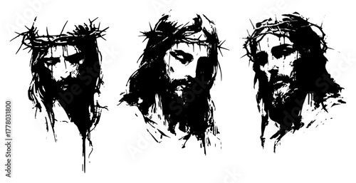 Jesus Christ Face with Crown of Thorns Grunge Vector Set Abstract Sketch Portrait of Suffering