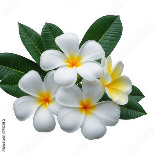 White plumeria flowers with green leaves isolated on transparent background