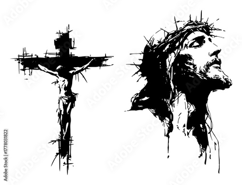 Crucifixion of Jesus Christ Grunge Vector Set Abstract Sketch of the Passion with Crown of Thorns