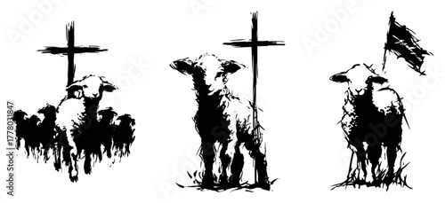 Lamb With Cross Christian Symbol Grunge Silhouette Flock Vector Illustration