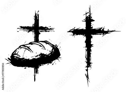 Bread And Crosses Christian Symbols Grunge Ink Hand Drawn Sacred Vector
