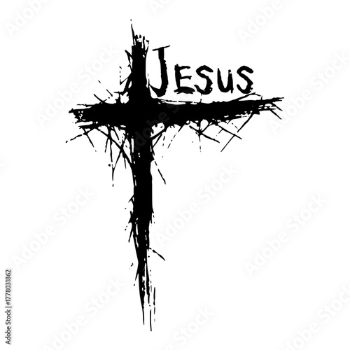 Jesus Cross Grunge Ink Thorny Crucifix Christian Typography Vector