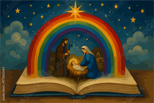 Nativity Scene with Rainbow – Birth of Jesus in Open Bible Illustration
