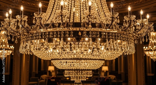 ornate crystal chandelier illuminating elegant ballroom with warm golden glow and luxury ambiance