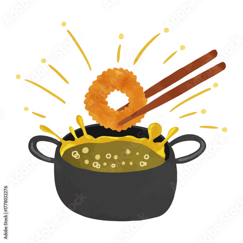 油はねしている揚げ物鍋とイカリング　水彩風手描きイラスト