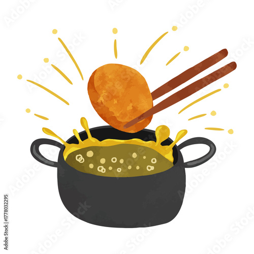 油はねしている揚げ物鍋とコロッケ　水彩風手描きイラスト