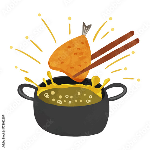 油はねしている揚げ物鍋とアジフライ　水彩風手描きイラスト