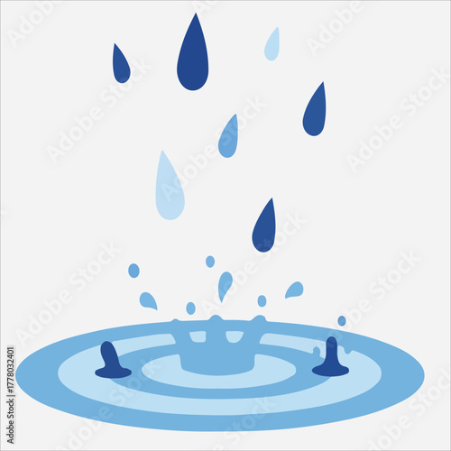 Illustration of blue water droplets falling into a puddle with ripples on a white background in a flat graphic style.
