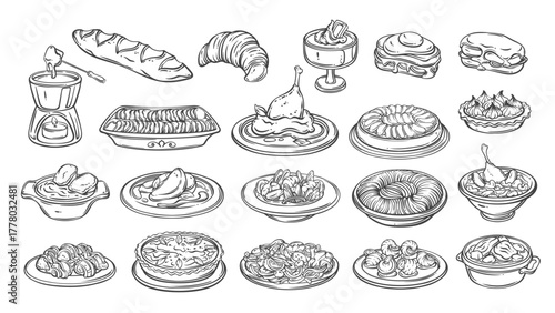 French cuisine line icons set. Outline hand drawn restaurant plates with vegetable and meat stew, bread and salad, sweet tart. French food mascots, gourmet recipes collection icons vector illustration