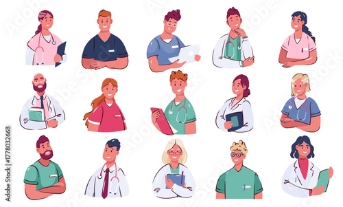 Doctors, nurses and paramedics cartoon avatars set. Funny portraits of happy professional doctors, male and female physician, surgeon, pharmacist. Hospital staff cartoon collection vector illustration
