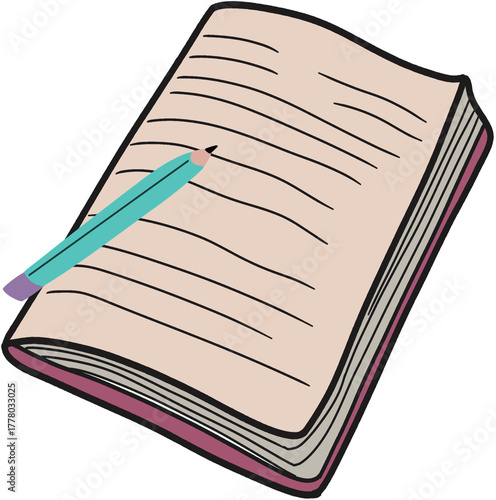 Creative hand drawn spiral notepad and pen for study, writing, and planning concept in minimal cartoon design