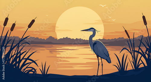 Peaceful heron standing at sunset by the lake, a calming natural scene with birds flying high, creating a sense of tranquility and serenity for wall art