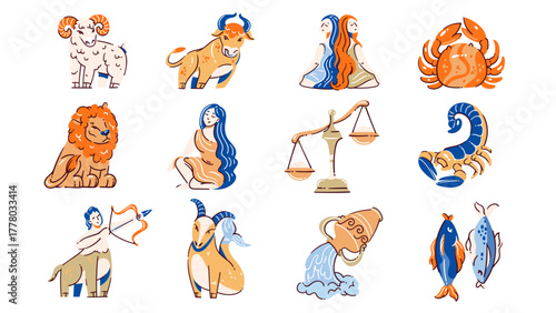 Twelve zodiac signs, cute cartoon horoscope characters bright outlines. Virgo, Libra, Scorpio, Sagittarius, Capricorn and Aries. Astrological symbols Taurus, Gemini, Cancer, Leo, Aquarius and Pisces
