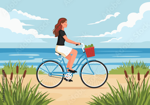 Woman enjoying a relaxing bicycle ride on a scenic coastal path by the tranquil blue ocean, embracing healthy outdoor activity and an active lifestyle