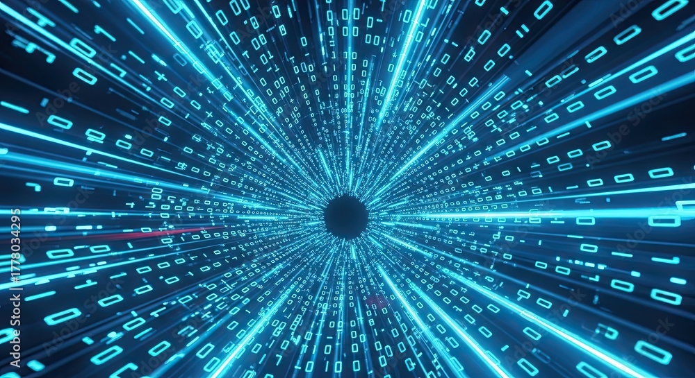 Fototapeta premium Dive into the Future with Glowing Blue Data Tunnel, Explore Digital Innovation and Futuristic Technology, Envision High-Speed Connections and Data Flow