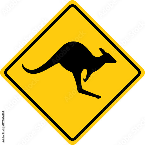 Yellow kangaroo crossing road sign, vector illustration, wildlife safety warning symbol, Australia travel and nature