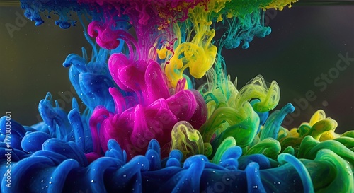 Brilliant, polychromatic liquids expanding rapidly within a mysterious aquatic environment, revealing a captivating cosmic dance of diffusing and coalescing colors.