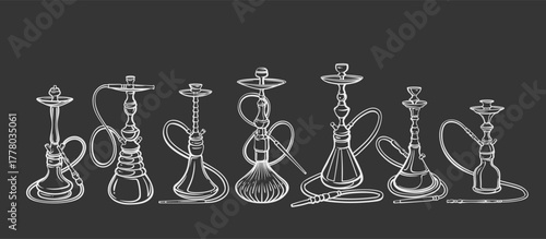 Set of Turkish hookahs drawn in doodle style with traditional shapes and curved hoses. Hookah, shisha, nargile, waterpipe, smoking, tobacco for cafe menu, ads, or lounge decor. Vector illustration.
