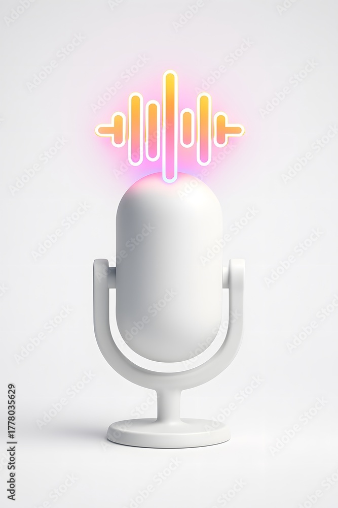Obraz premium Modern white microphone with glowing neon sound wave