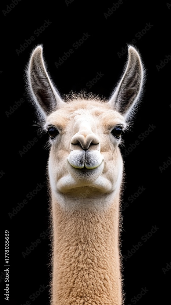 Obraz premium A black llama displays a humorous smile, standing confidently with a distinct personality on a dark background