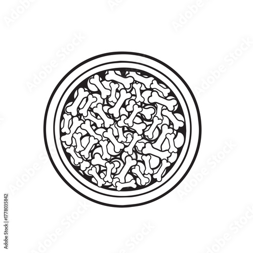 Black and white vector illustration of a bowl filled with dog food, symbolizing pet care, nutrition, and simplicity through clean lines and minimalist design.