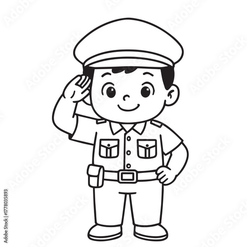 Monochrome vector art depicting a small boy dressed as a policeman, symbolizing youthful ambition, role models, and the dream of serving and protecting others.

