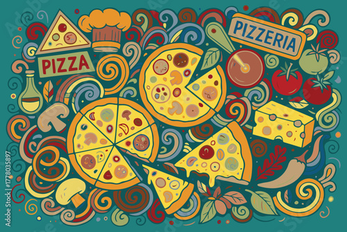 A vibrant vector illustration featuring a pizzeria themed background with doodled pizza slices and utensils, expressing the lively and warm essence of Italian food culture.