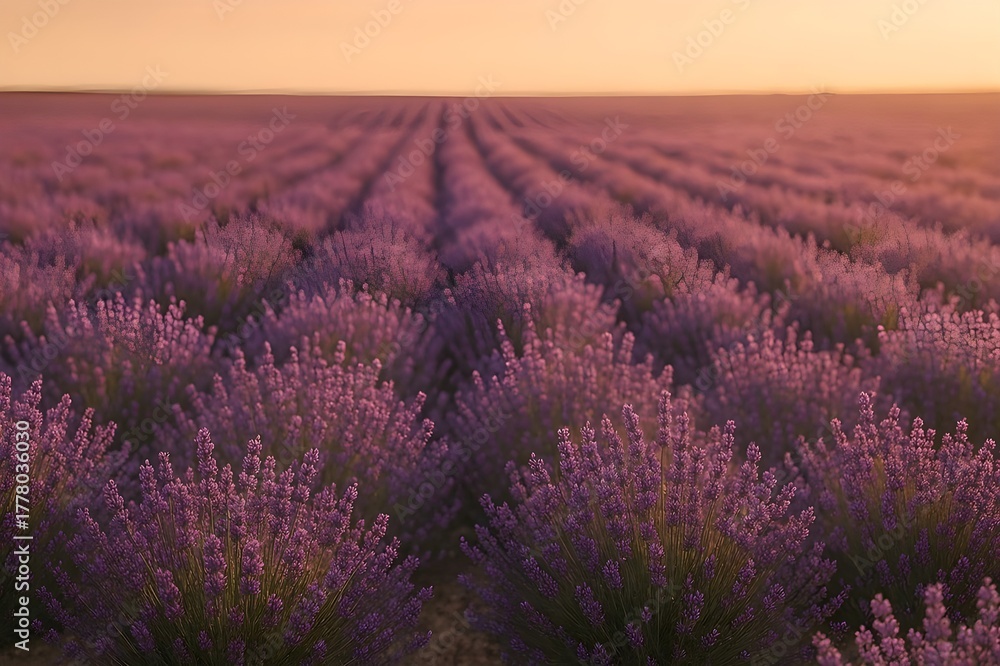 Fototapeta premium The serene beauty of a lavender field at sunset, with rows of purple flowers stretching to the horizon under a warm, glowing sky.