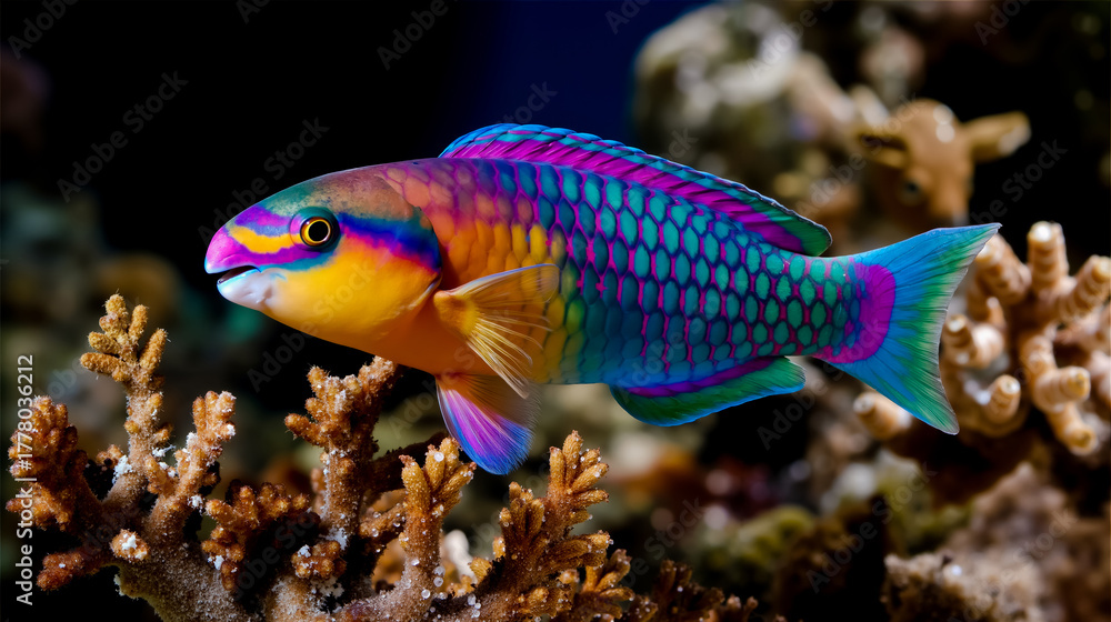 Obraz premium A vibrant colorful fish with a rainbow of hues swimming among coral