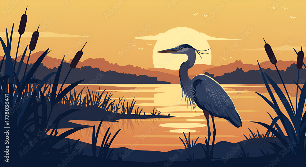 Fototapeta premium Stunning heron standing peacefully by the lake at sunset, a serene and tranquil nature scene perfect for relaxation and mindfulness projects