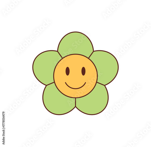 Groovy retro flower sticker with cute happy smiley face in yellow and green. Funky daisy acts as groovy element in y2k and vintage pop style, perfect for playful patch or positive decor.