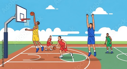 Wallpaper Mural Flat vector illustration of diverse young men playing basketball on outdoor court under blue sky Torontodigital.ca