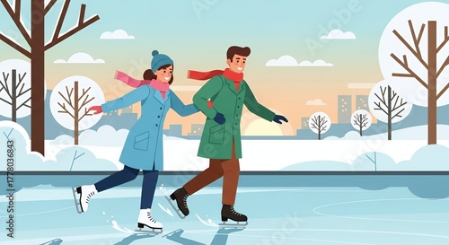 Wallpaper Mural happy young couple ice skating on frozen lake in winter city park, flat vector illustration Torontodigital.ca