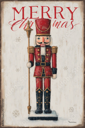Vintage Christmas nutcracker soldier on snowy background with 