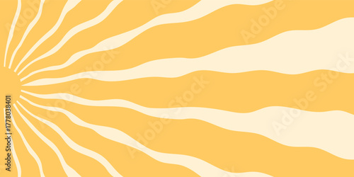 Groovy retro sun burst pattern background with sunshine and bold orange sun rays fills this horizontal image. Yellow and orange beam accents add y2k, vintage style for trendy interior or summer