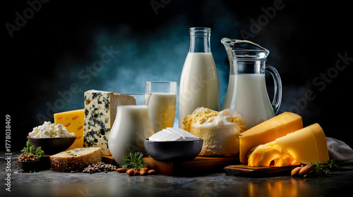 A dark background with a variety of dairy products and snacks arranged in a visually appealing manner