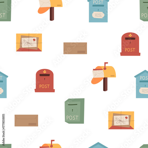 Cartoon mail seamless pattern background with letter, envelope, post, mailbox, postbox, postcard, and delivery. Cartoon envelope postbox elements, seamless design for correspondence, office, or