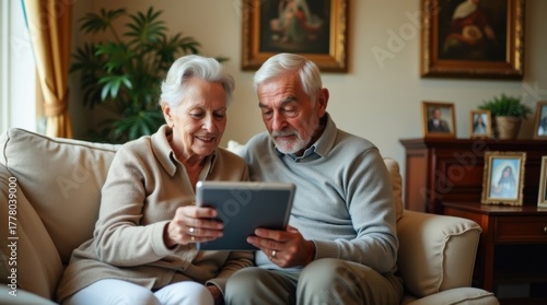 Pareja mayor ajustando la iluminación inteligente de su hogar mediante una tableta digital
