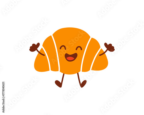 Croissant Mascot Character with Raised Arms and Smile, Happy French Pastry Illustration in Orange and Yellow Tones, Cheerful Bakery Food Concept with Playful Expression and Friendly Breakfast Theme