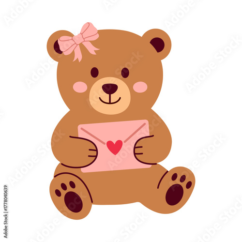 Teddy bear holding pink heart envelope, cute gift illustration for love, friendship and cheerful emotions