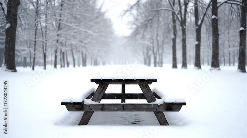 Wallpaper Mural Serene winter landscape with a snow-covered picnic table in a quiet park surrounded by an alley of frosted trees showcasing the peaceful beauty of the cold  Torontodigital.ca