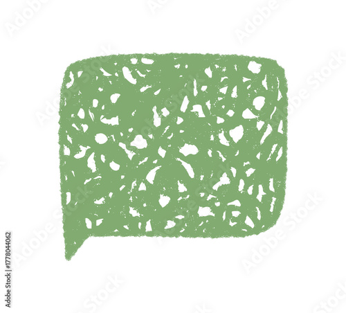 Green crayon sketch organic chat balloon with textured rectangle textbox evokes a playful speech bubble. The message box and talk bubble add a modern and informal communication element.