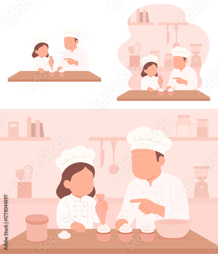 Little Girl Learning Baking with Professional Chef in Modern Flat Design Illustration