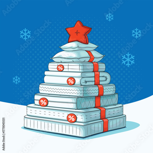 Christmas themed display of mattresses stacked in a pyramid shape with a red star pillow on top, promoting holiday sales and discounts during the festive season